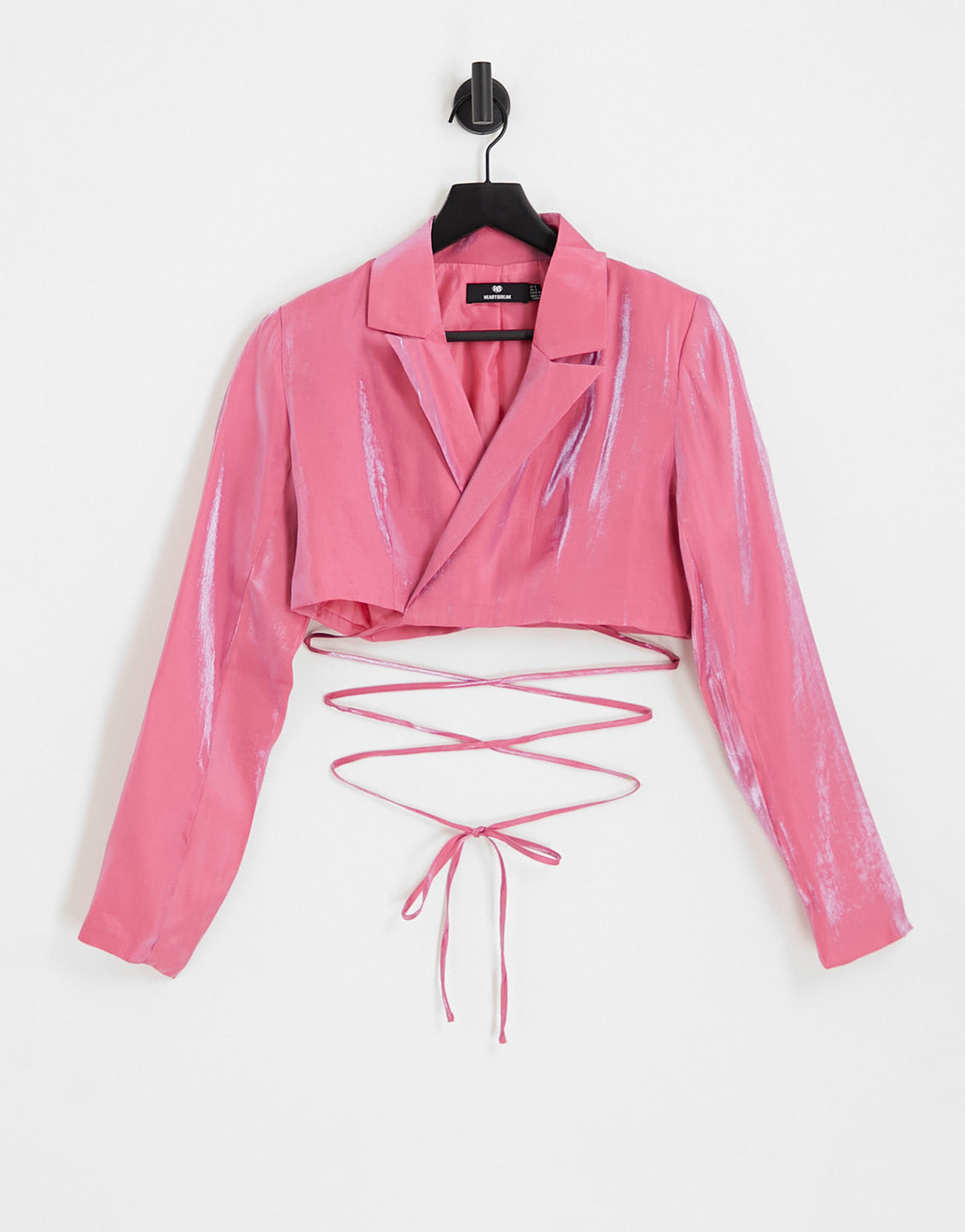 Heartbreak tie waist wrap front cropped blazer co-ord in pink shimmer