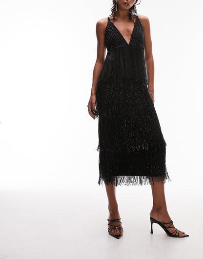 Topshop premium strappy embellished fringe and beaded mix midi dress in black