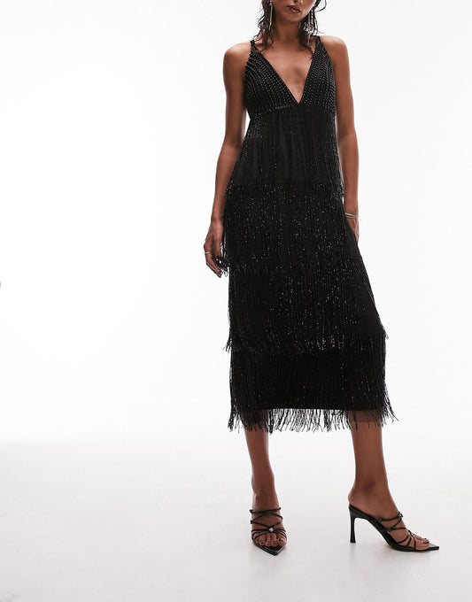 Topshop premium strappy embellished fringe and beaded mix midi dress in black