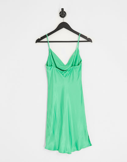 Bershka cowl neck satin mini dress in green