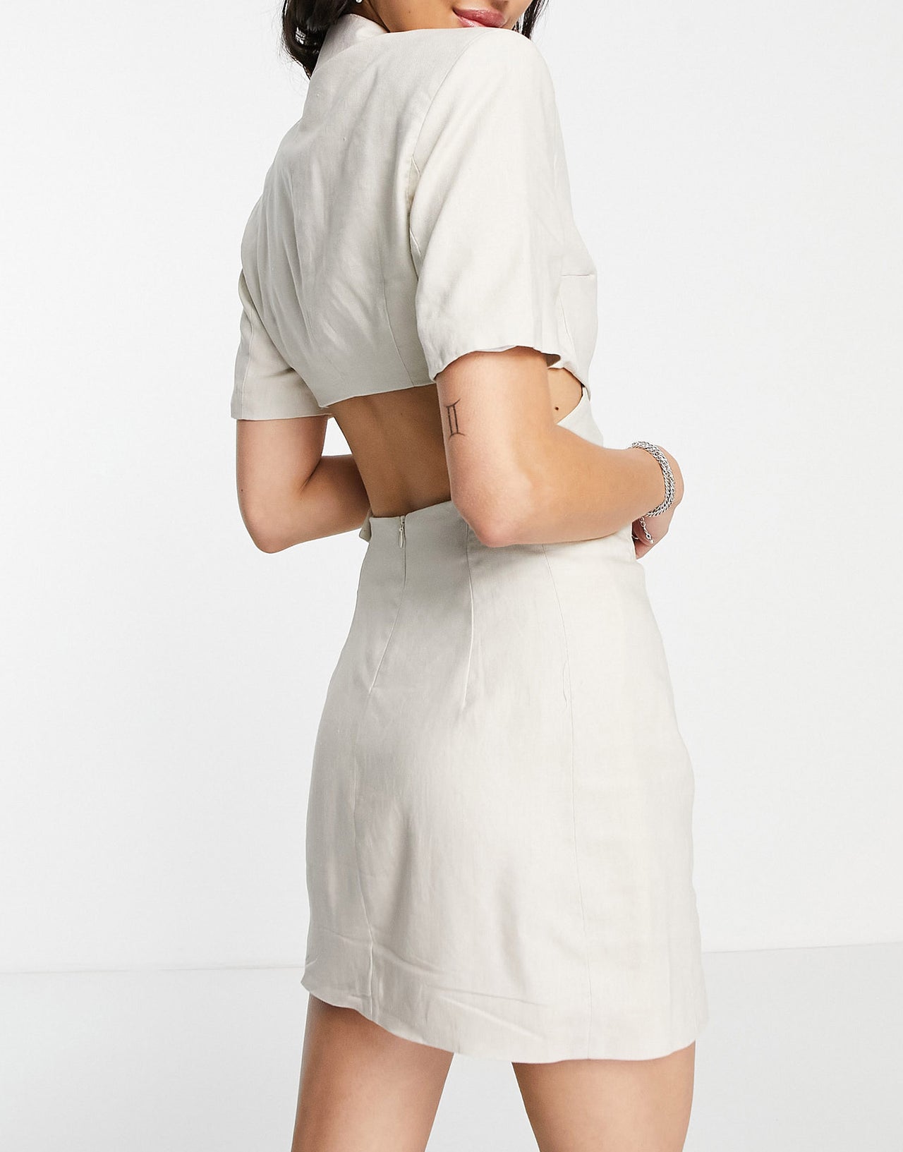 Bershka cross strap detail tailored mini dress in ecru