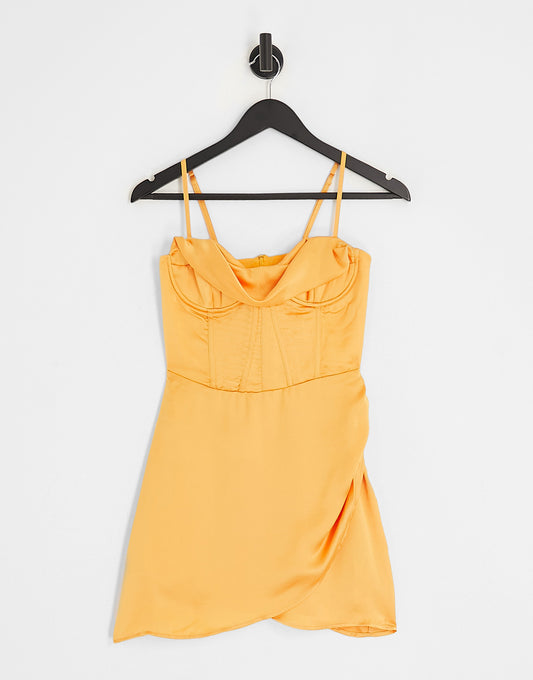 Bershka corset detail satin mini dress in soft orange