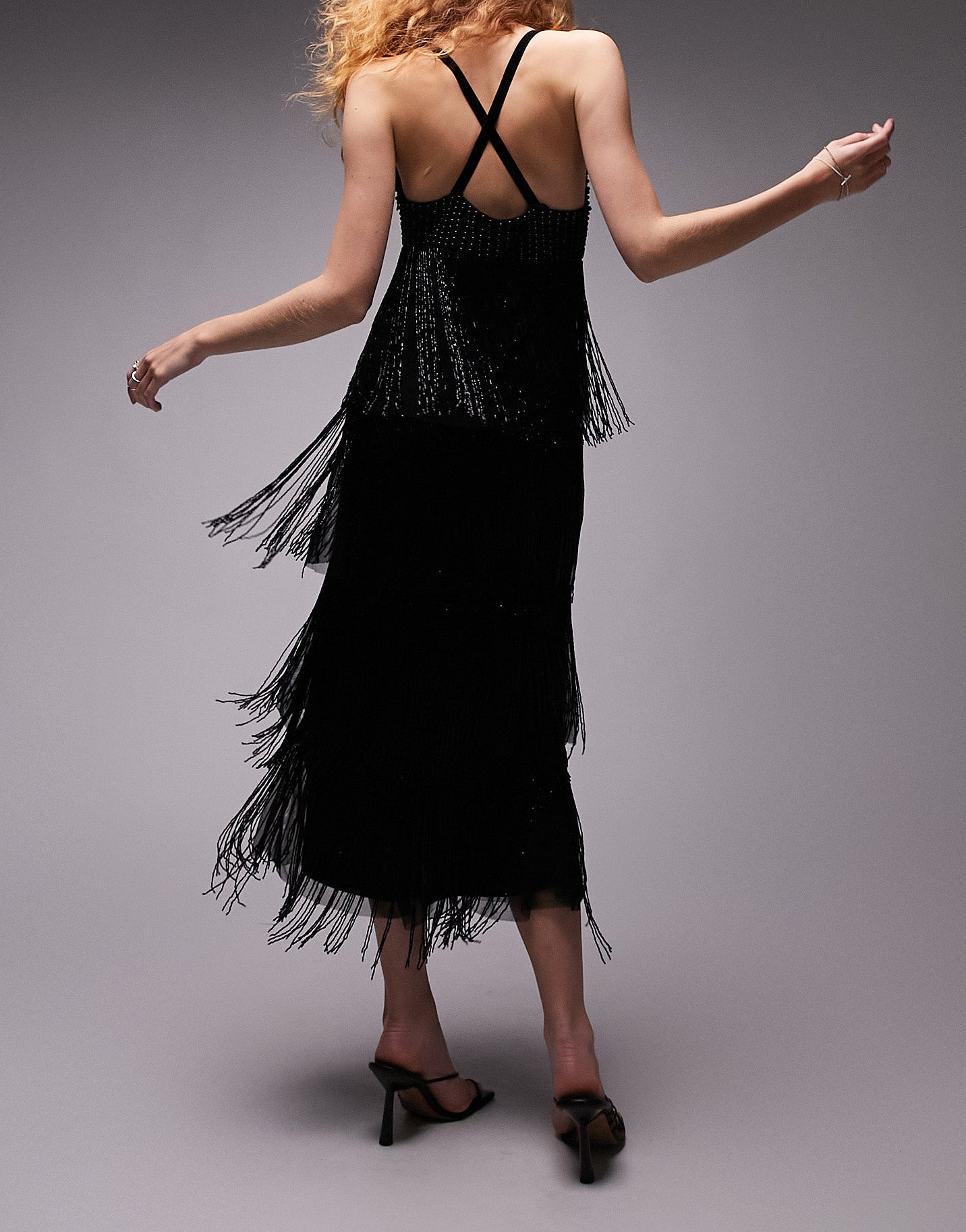Topshop strappy embellished fringe and beaded mix midi dress in black