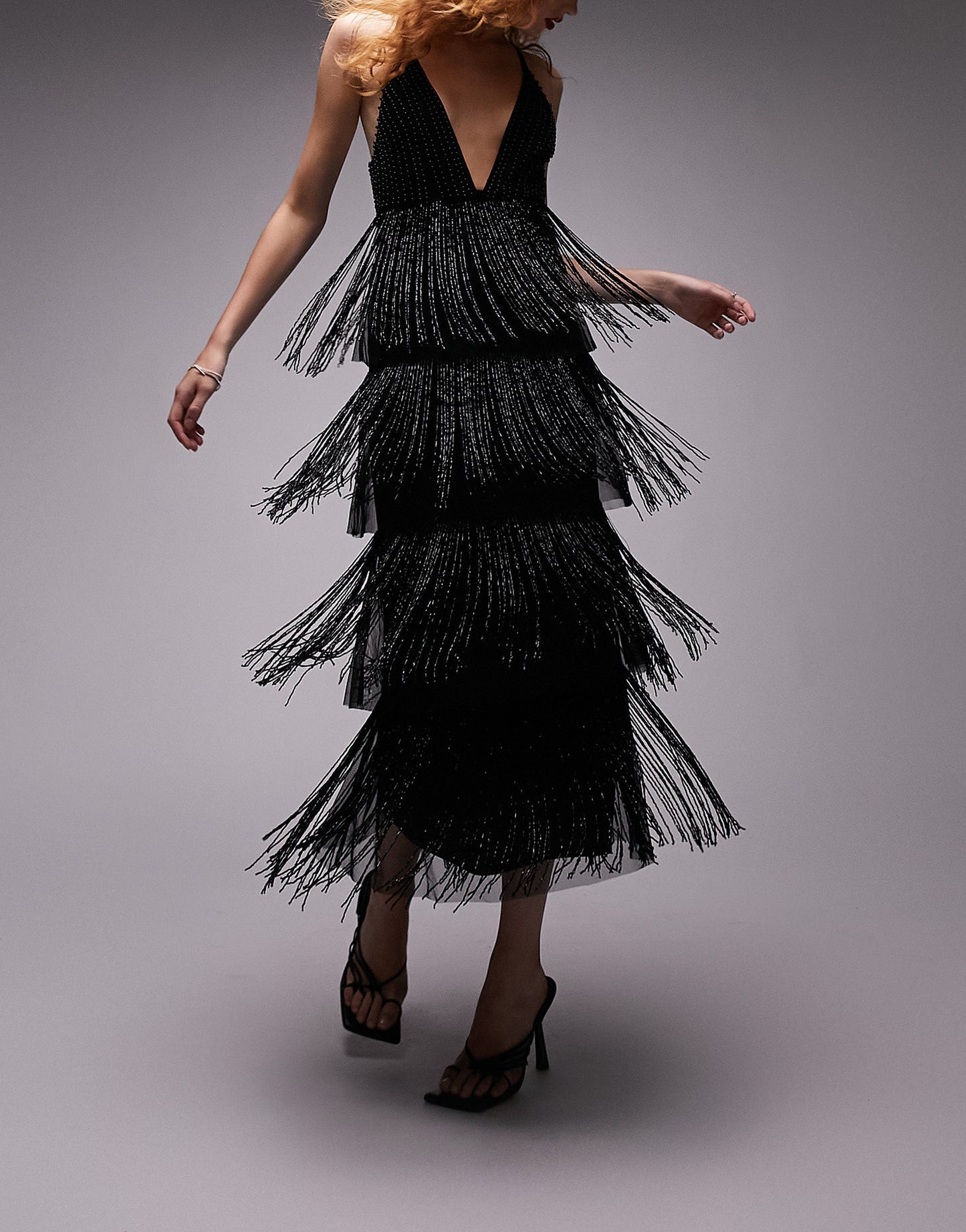 Topshop strappy embellished fringe and beaded mix midi dress in black