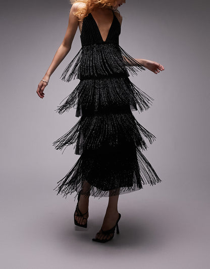 Topshop strappy embellished fringe and beaded mix midi dress in black