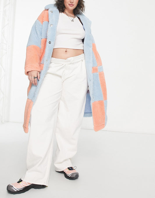 Native Youth Plus oversized longline coat in checkerboard shearling