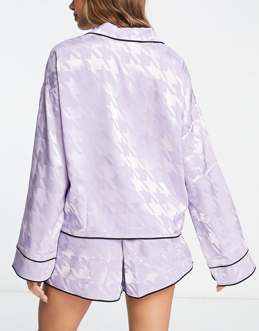 ASOS DESIGN mix & match satin dogtooth jacquard pyjama shirt in lilac