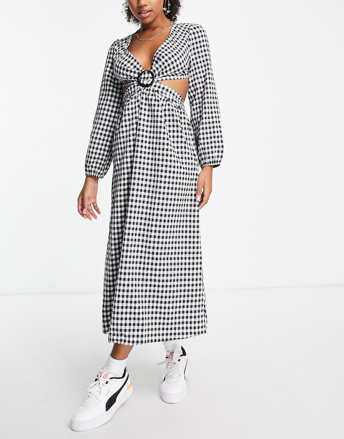 Miss Selfridge cut out ring detail midi dress in mono gingham