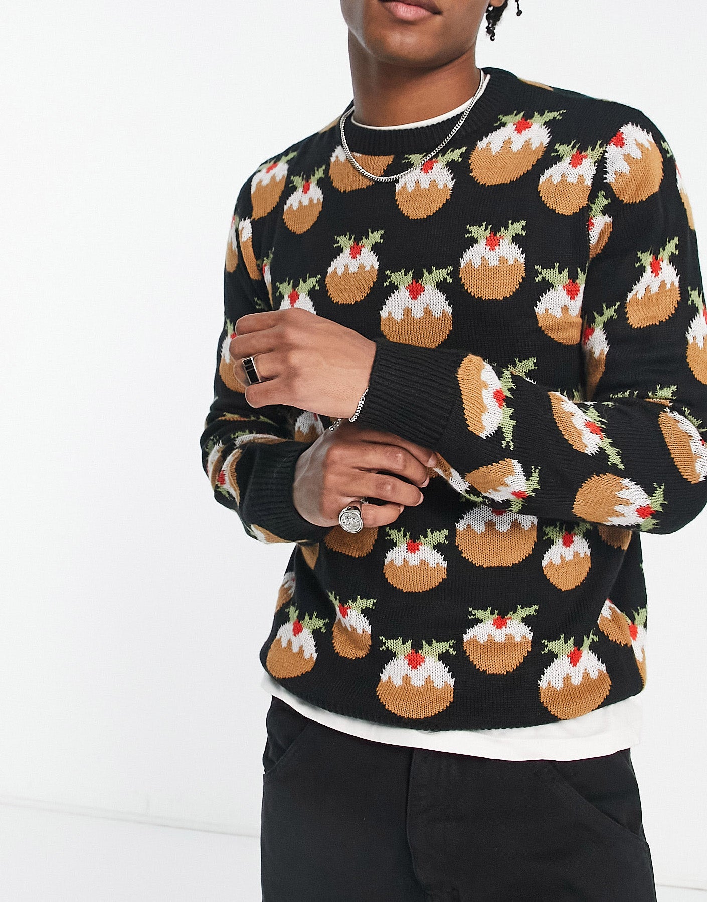 Another Influence pudding Christmas jumper in black ASOS Sample Sale