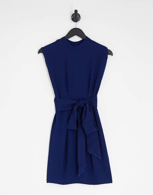 Closet London Petite belted tie waist mini dress in navy