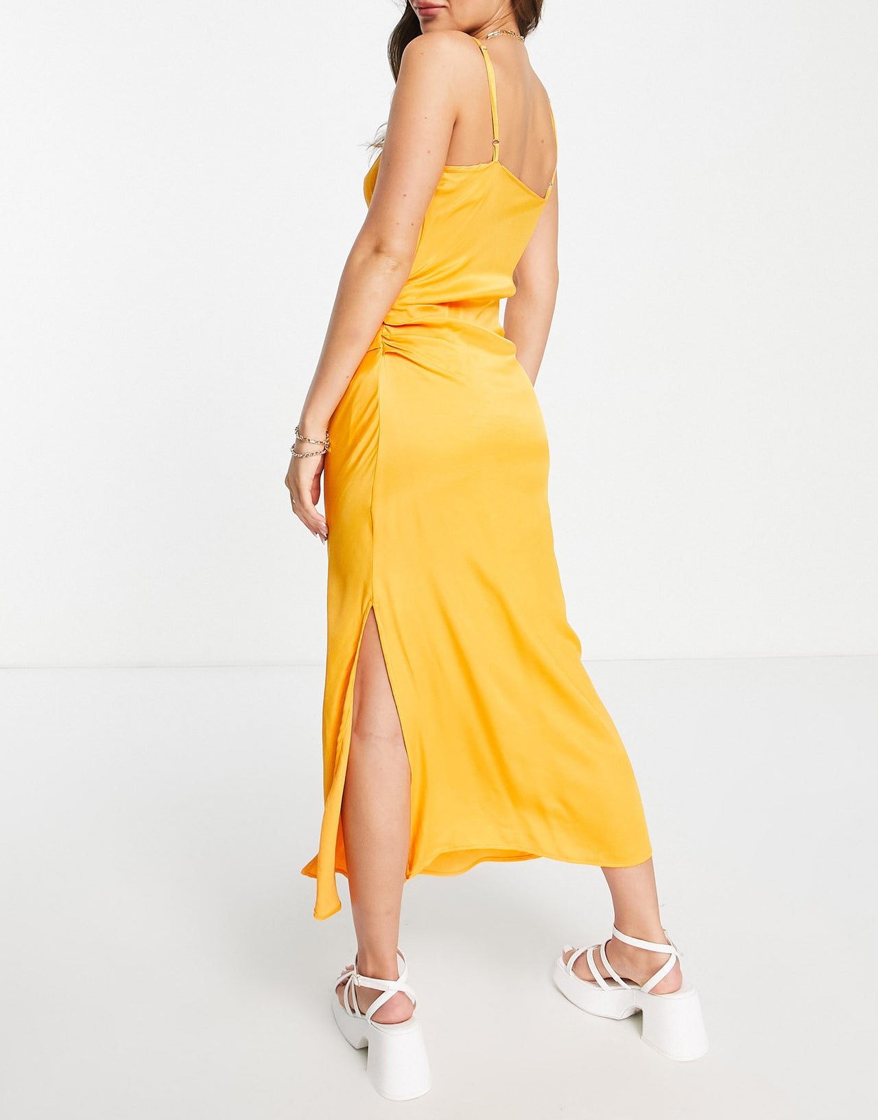 Stradivarius satin wrap midi dress in pop orange