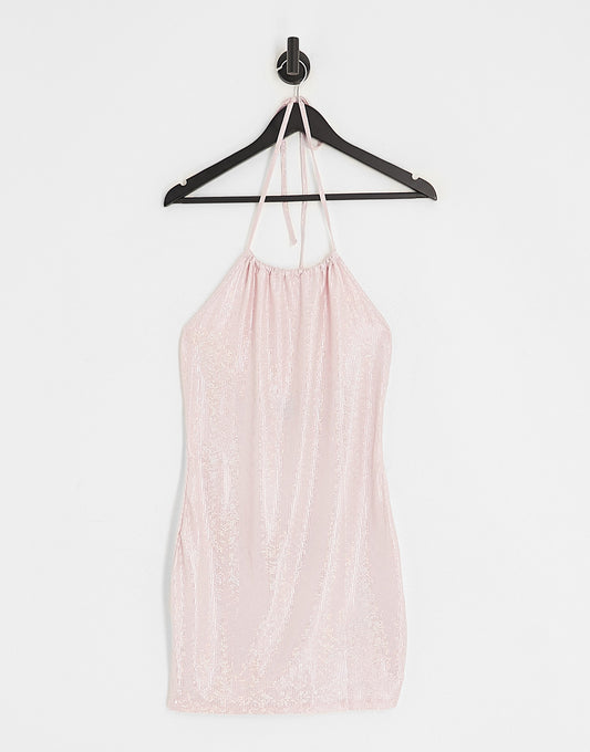 Monki halter neck mini dress in pink glitter