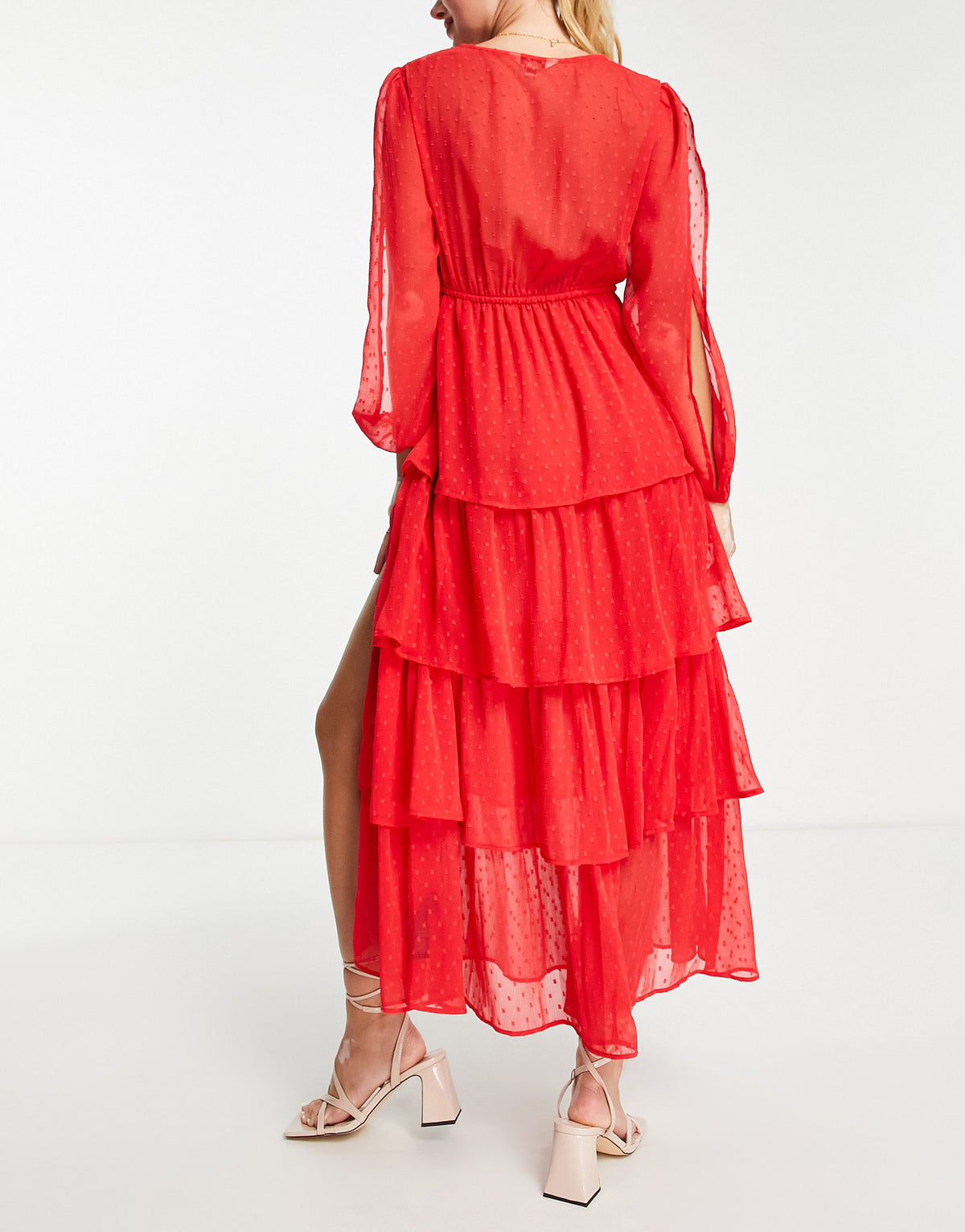 Miss Selfridge chiffon dobby tiered maxi dress in red