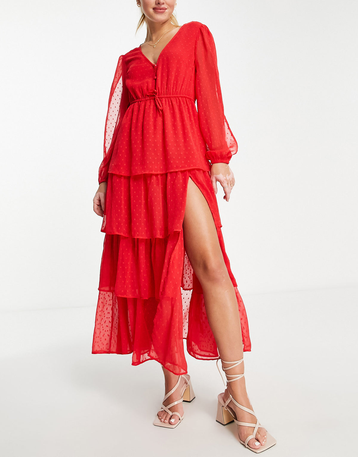 Miss Selfridge chiffon dobby tiered maxi dress in red