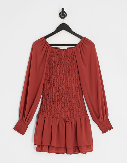 Gilli ruched puff sleeve mini dress in rust