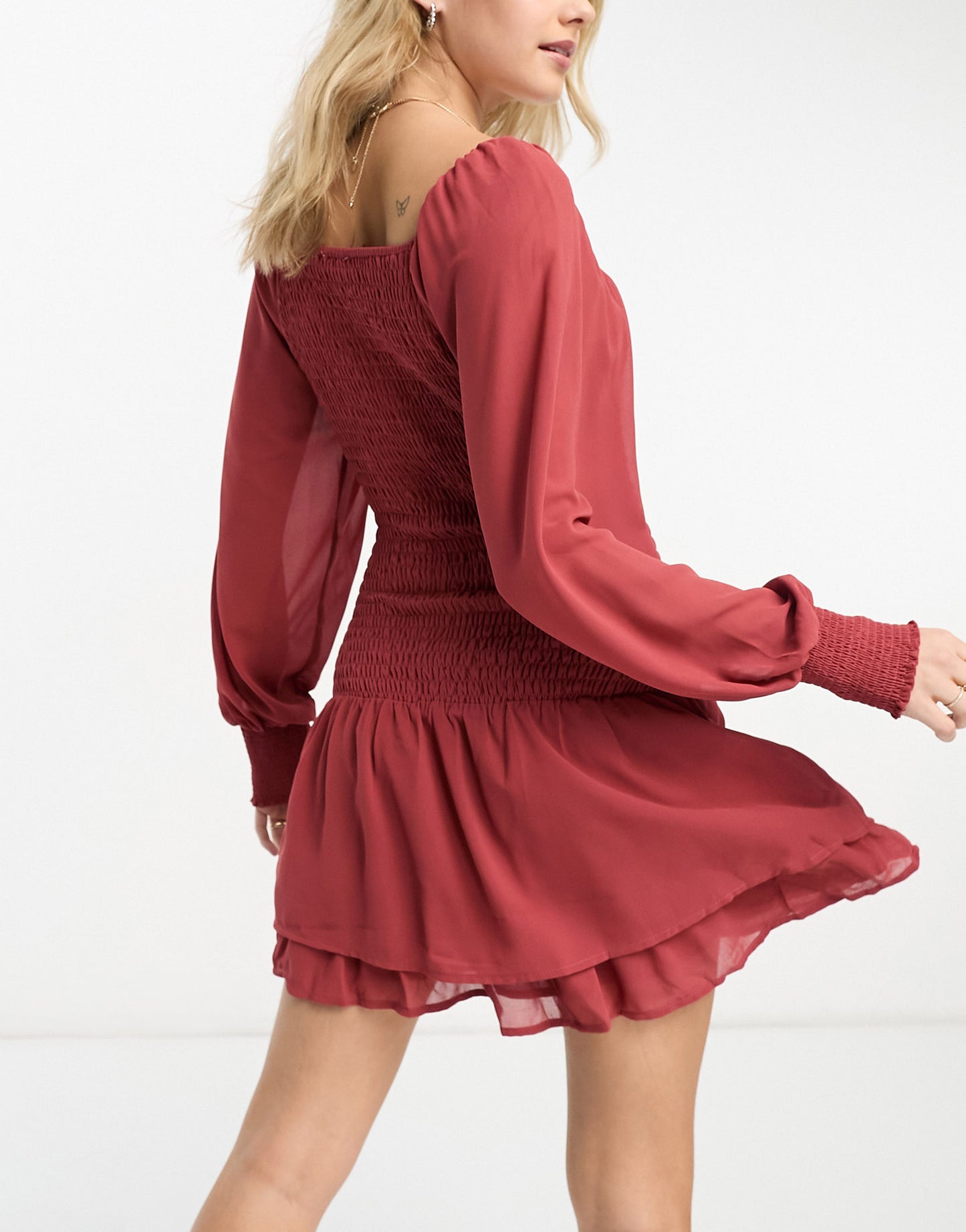 Gilli ruched puff sleeve mini dress in rust