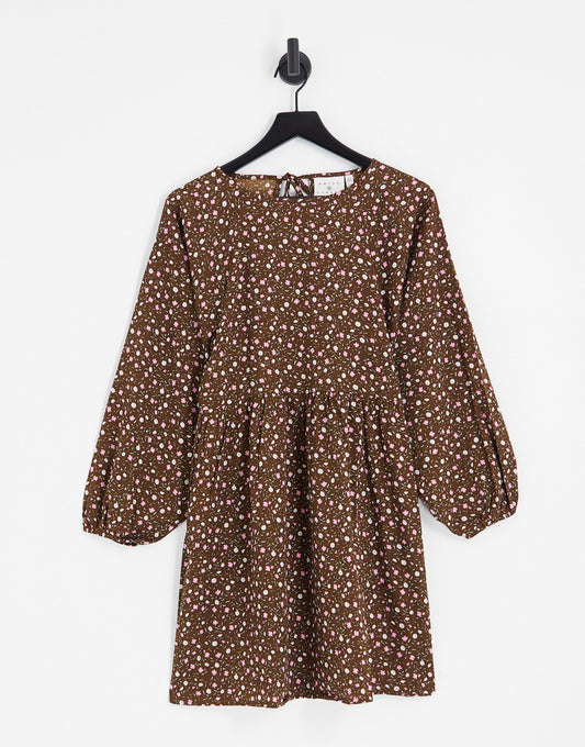 Daisy Street smock mini dress in brown vintage ditsy