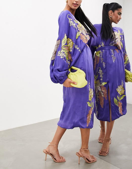 ASOS EDITION satin floral embroidered midi dress in violet
