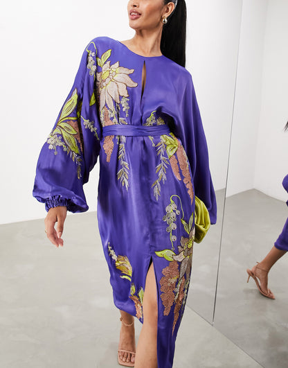 ASOS EDITION satin floral embroidered midi dress in violet