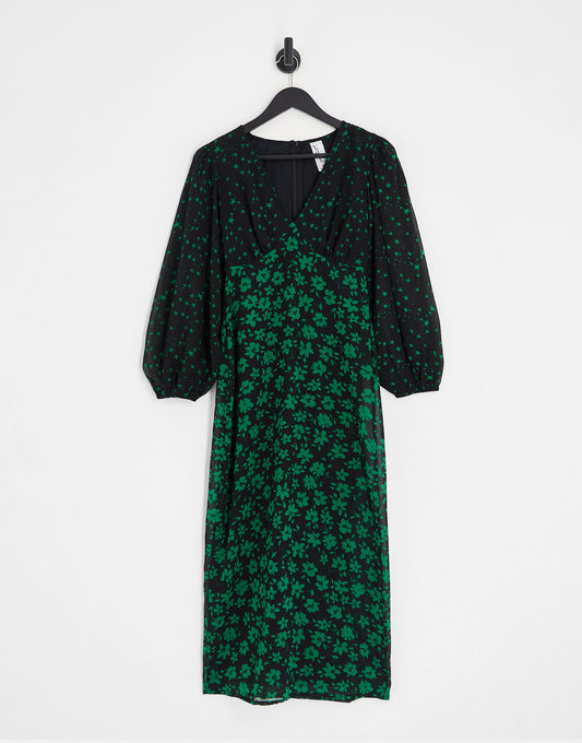 Violet Romance v neck midi dress in green mixed floral print