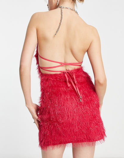 Amy Lynn faux feather halter neck mini dress in fuschia pink