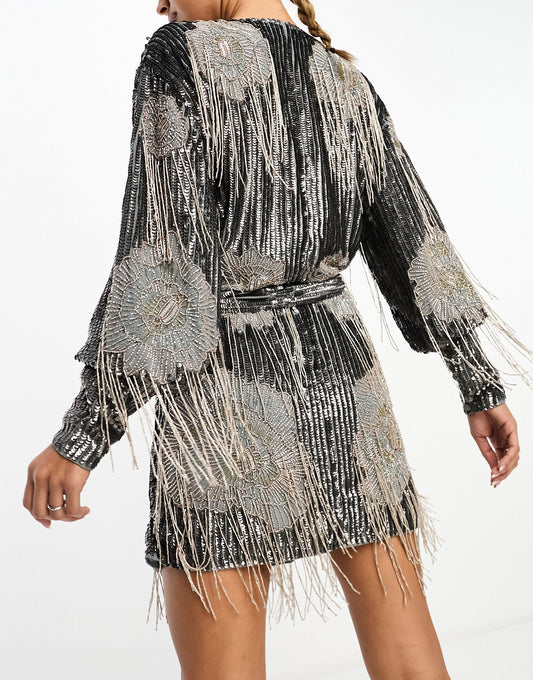 ASOS EDITION floral fringe sequin wrap mini dress in charcoal
