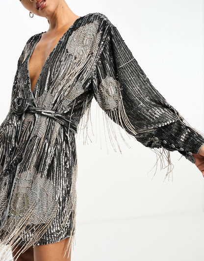 ASOS EDITION floral fringe sequin wrap mini dress in charcoal