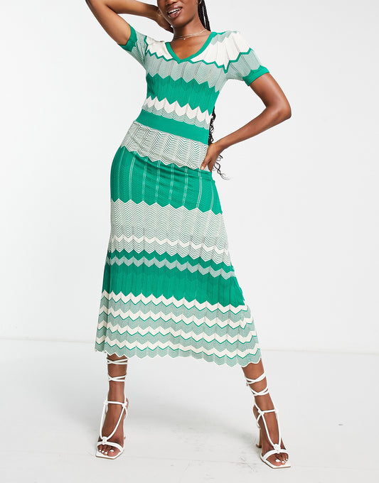 Morgan knitted contrast panel cap sleeve midi dress in green