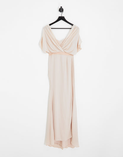 ASOS DESIGN Bridesmaid short sleeved cowl front maxi dress with button back detail