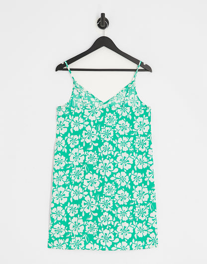 Monki strappy mini dress in green hibiscus floral print