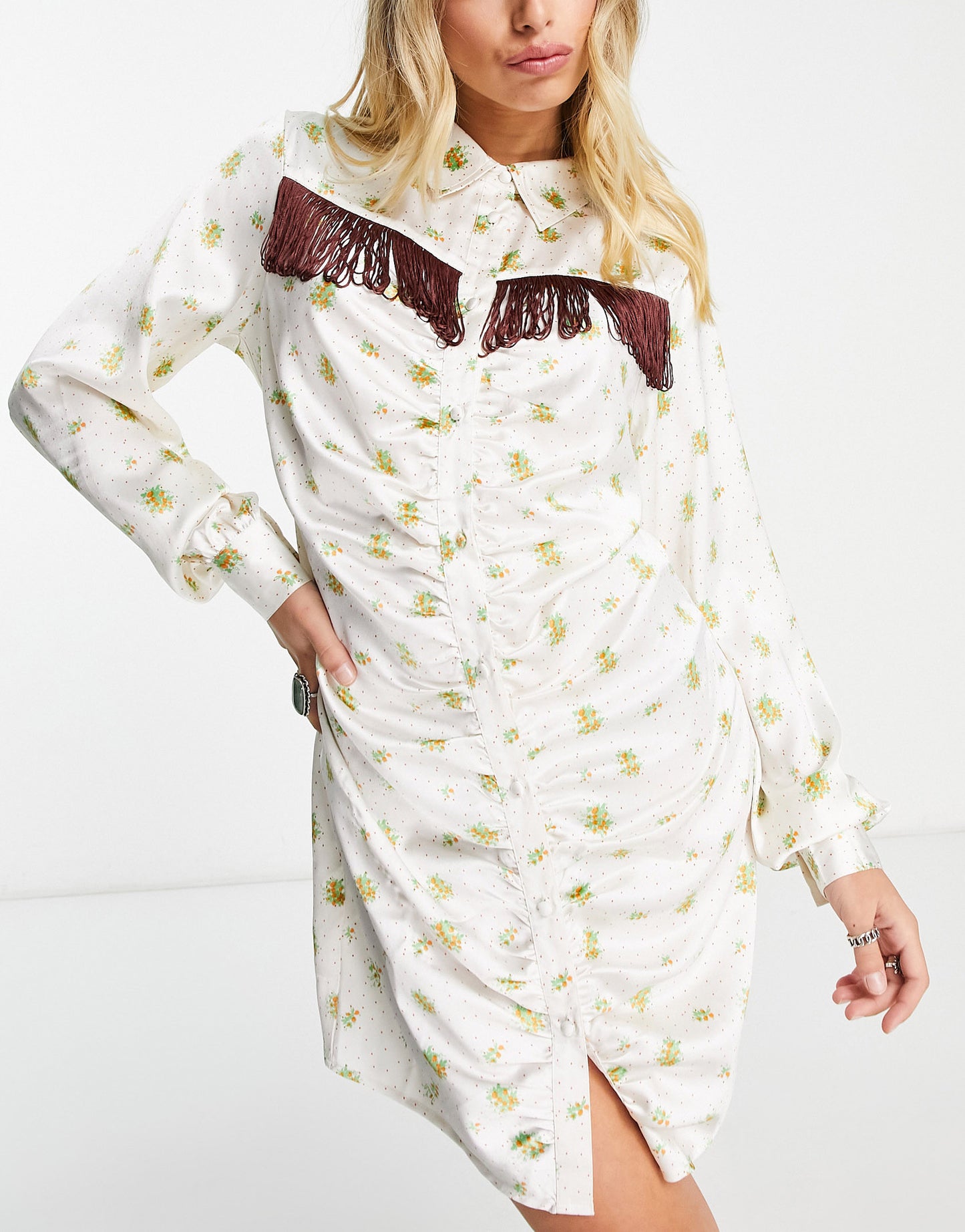 ASOS DESIGN ruched front satin mini shirt dress with fringe trim in ro