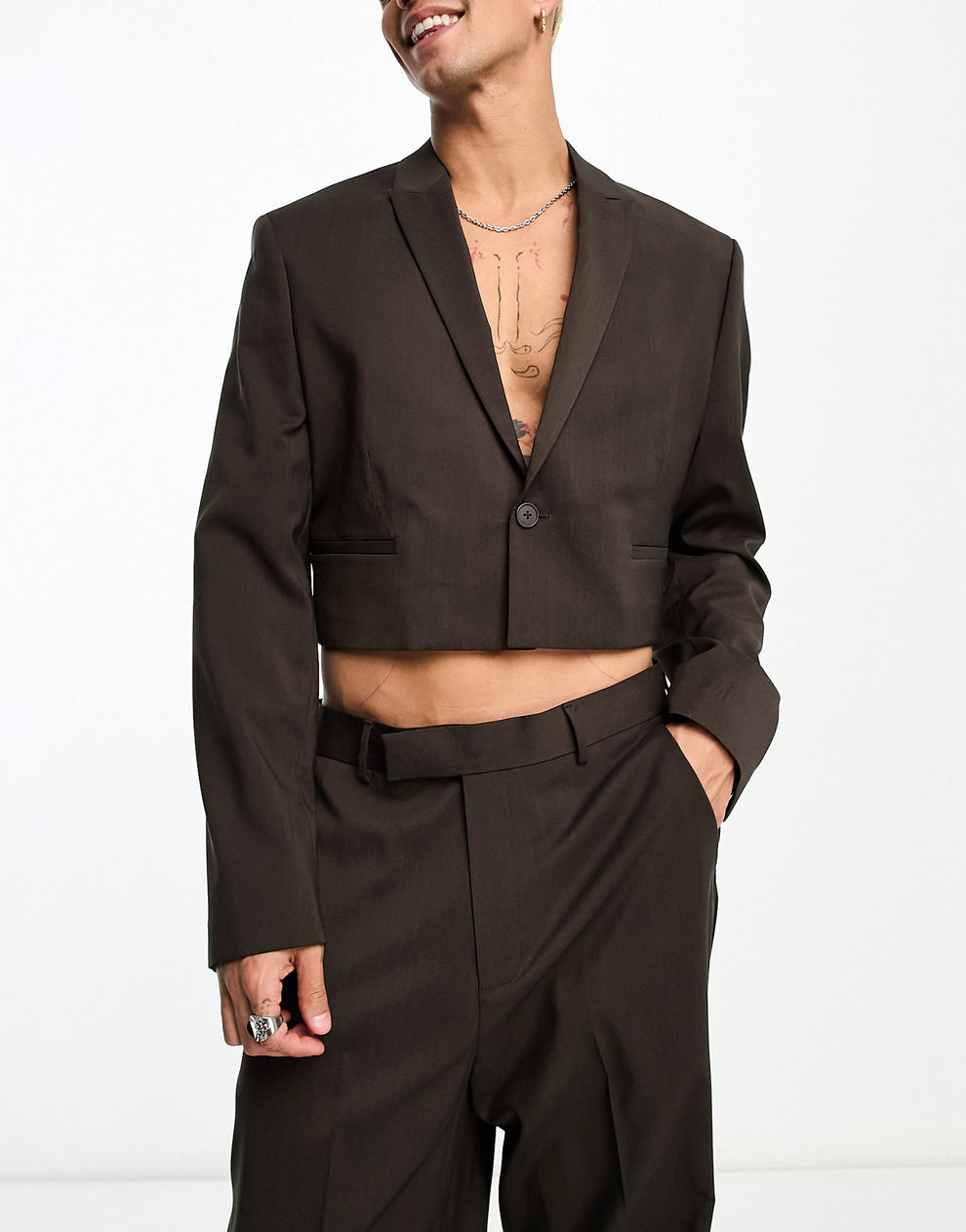 ASOS DESIGN cropped suit jacket in brown ASOS Sample Sale