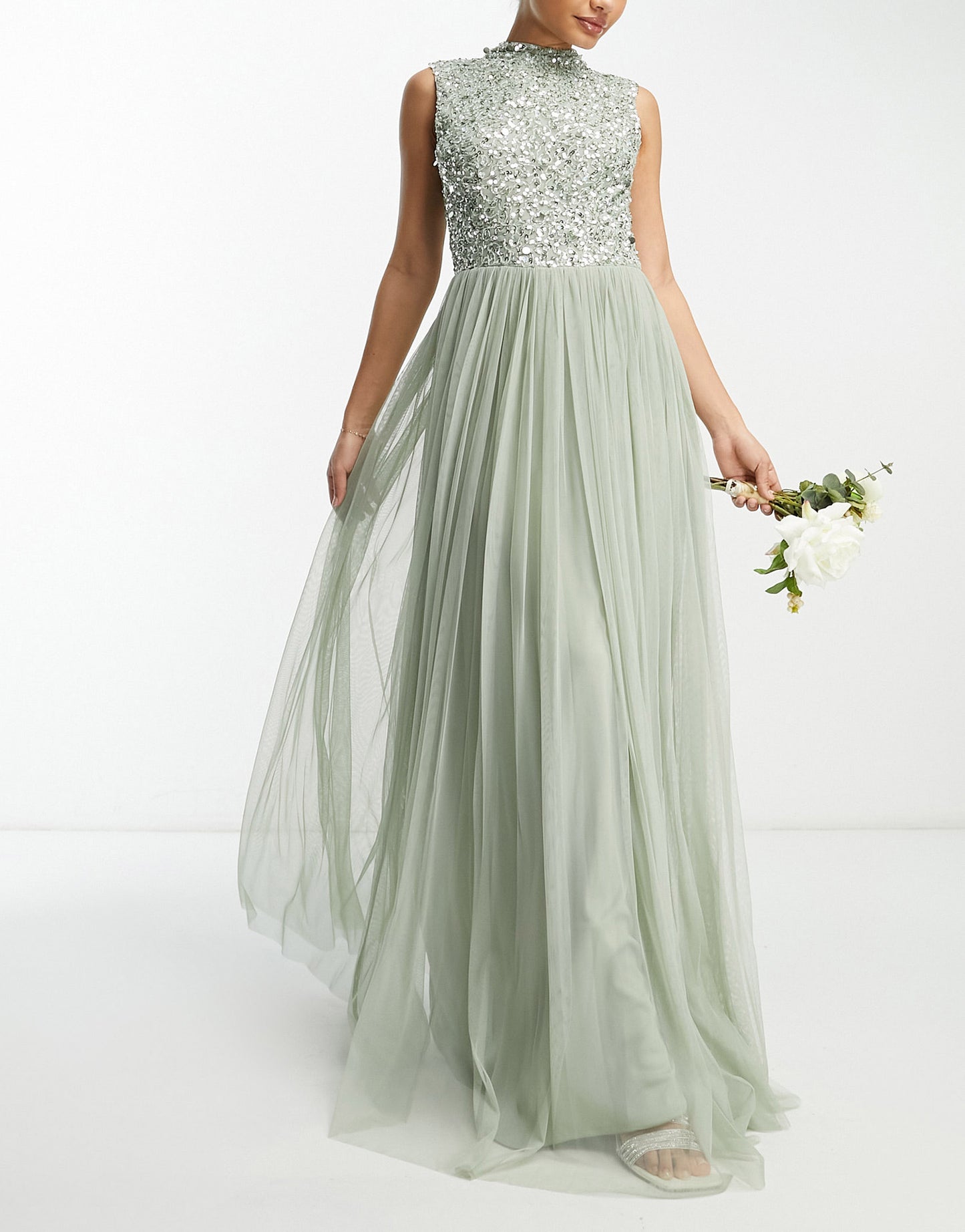 Beauut Bridesmaid 2 in 1 embellished maxi dress with full tulle skirt in sage