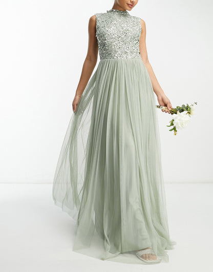 Beauut Bridesmaid 2 in 1 embellished maxi dress with full tulle skirt in sage