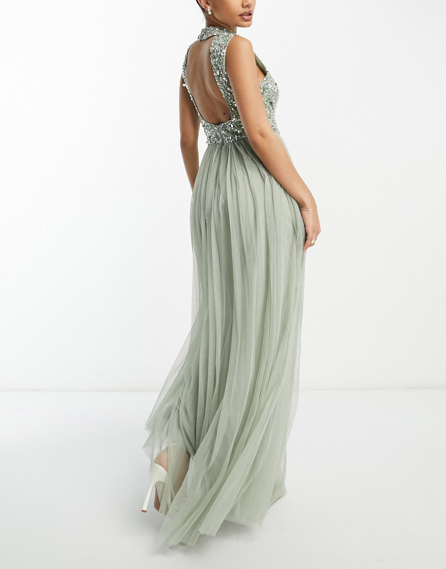 Beauut Bridesmaid 2 in 1 embellished maxi dress with full tulle skirt in sage