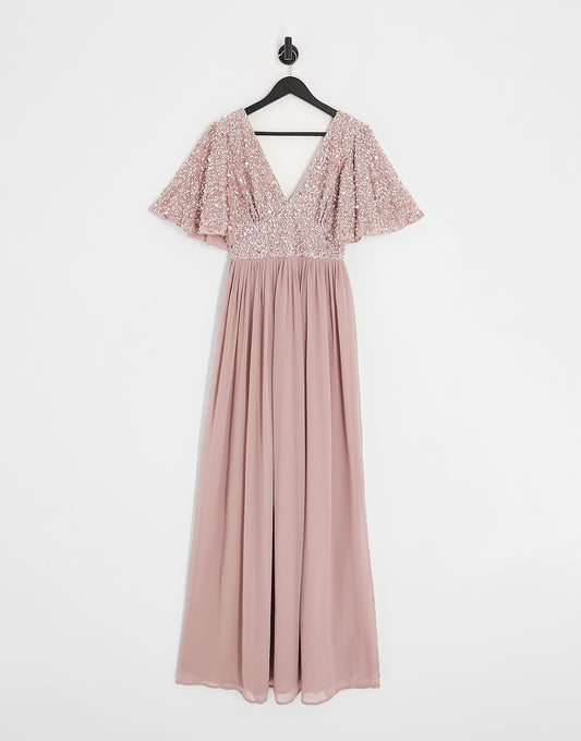 Beauut Bridesmaid emellished bodice maxi dress with flutter sleeve in frosted pink
