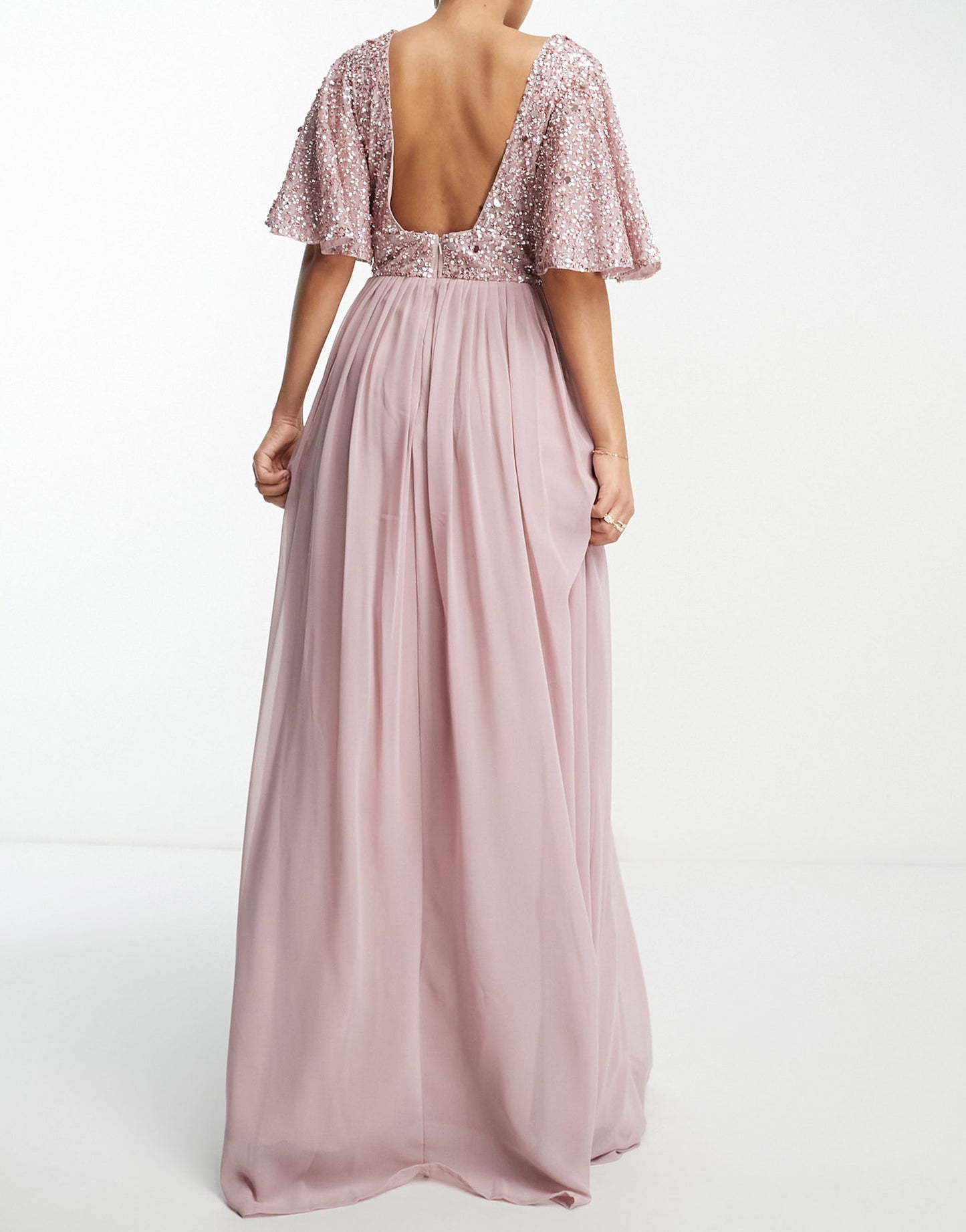 Beauut Bridesmaid emellished bodice maxi dress with flutter sleeve in frosted pink