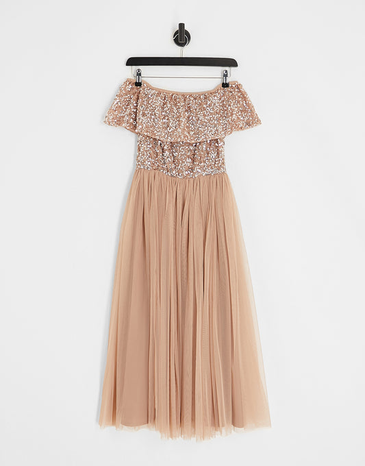 Beauut Bridesmaid bardot embellished midi dress in taupe