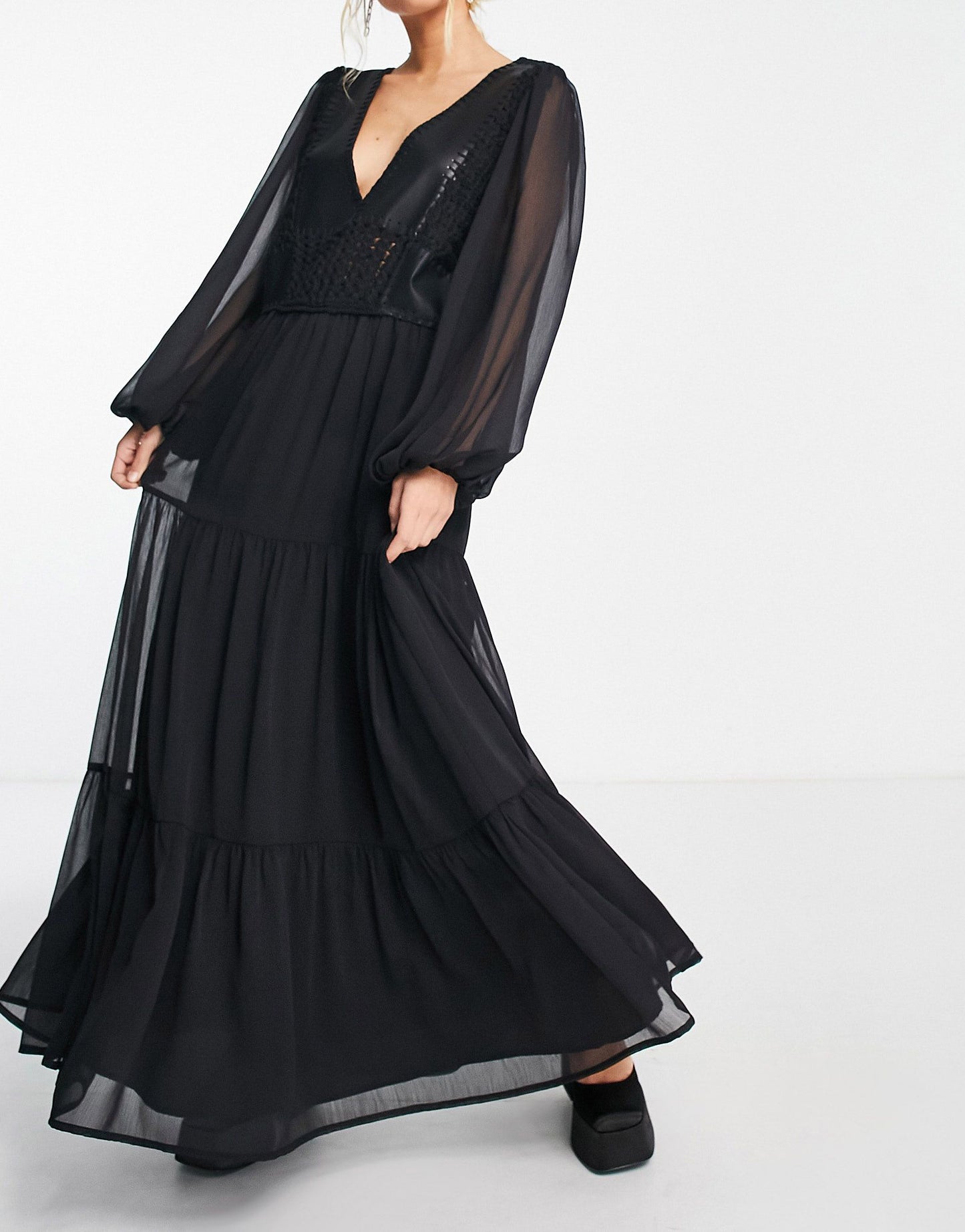 ASOS DESIGN crochet and leather look patchwork detail maxi dress in black
