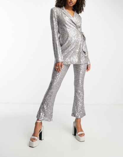 ASOS DESIGN Tall jersey sequin tie waist blazer in gunmetal