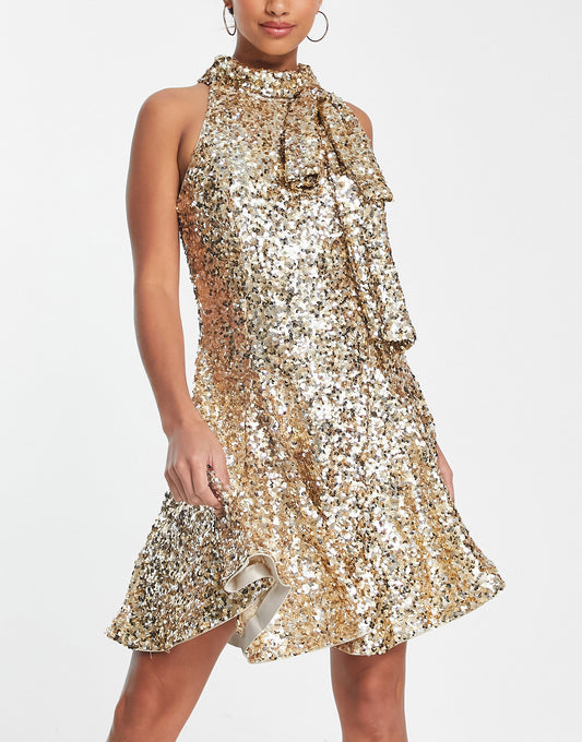 Ever New Petite high neck bow embellished mini dress in champagne gold