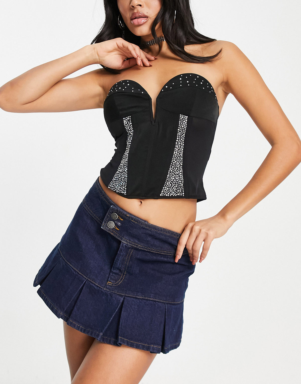 ASYOU satin and diamante corset with lace up back in black