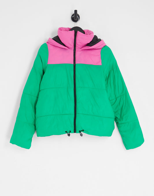 Noisy May exclusive padded jacket with hood in bright pink and green
