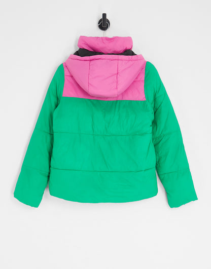 Noisy May exclusive padded jacket with hood in bright pink and green