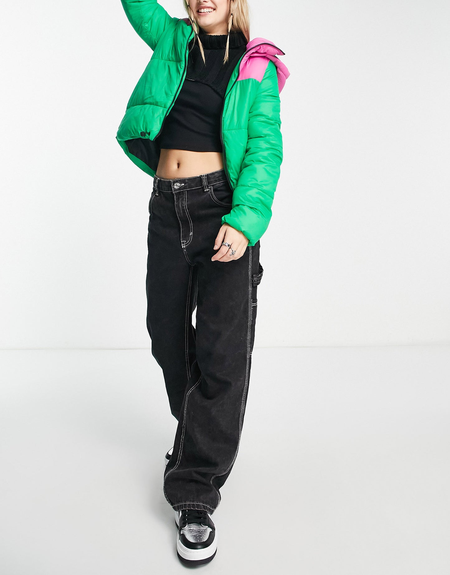 Noisy May exclusive padded jacket with hood in bright pink and green