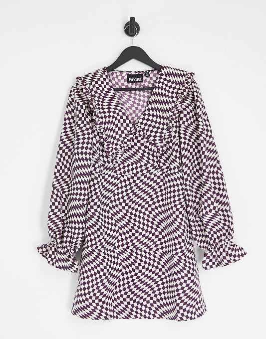 Pieces oversized collar mini dress in purple warped checkerboard