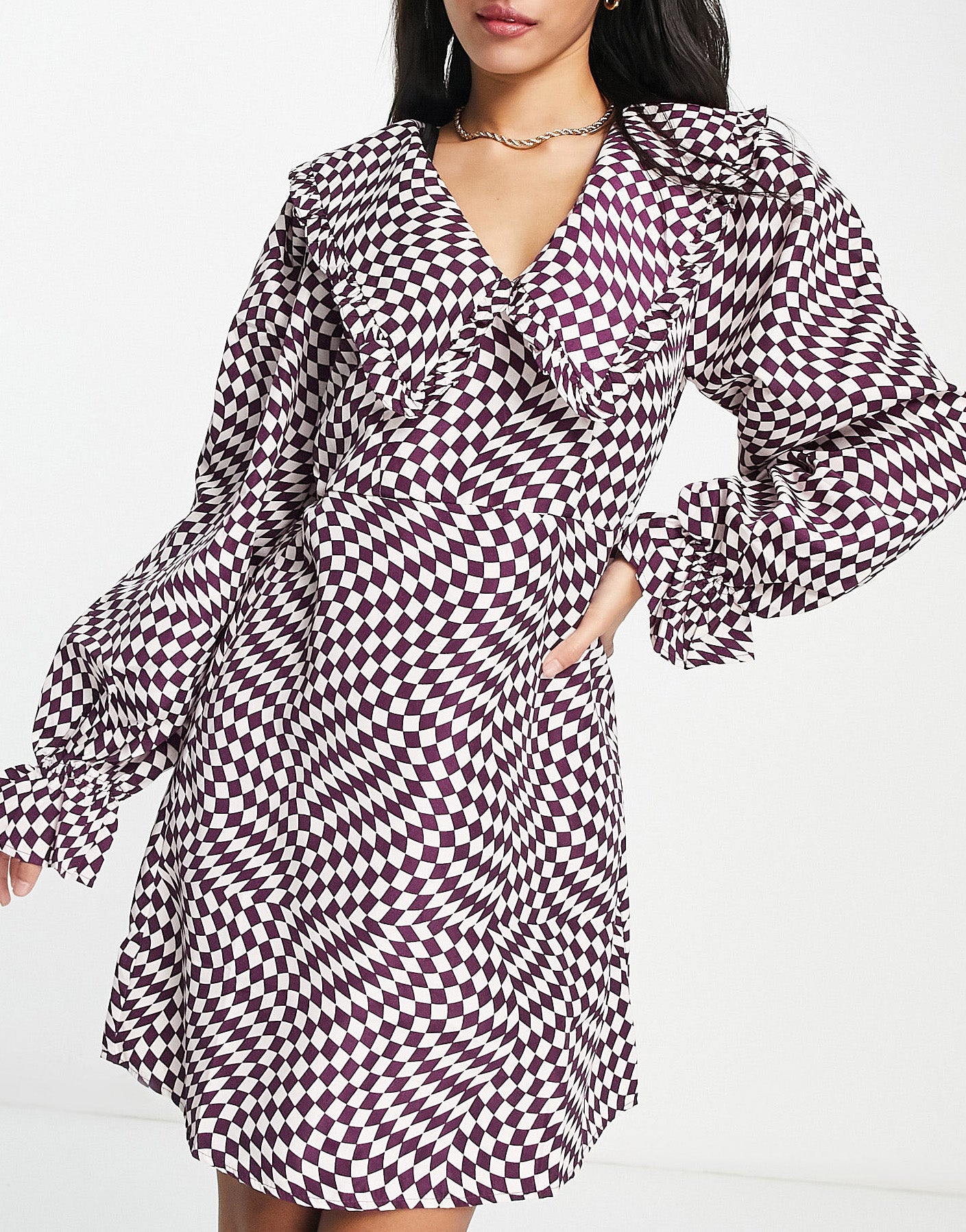 Pieces oversized collar mini dress in purple warped checkerboard
