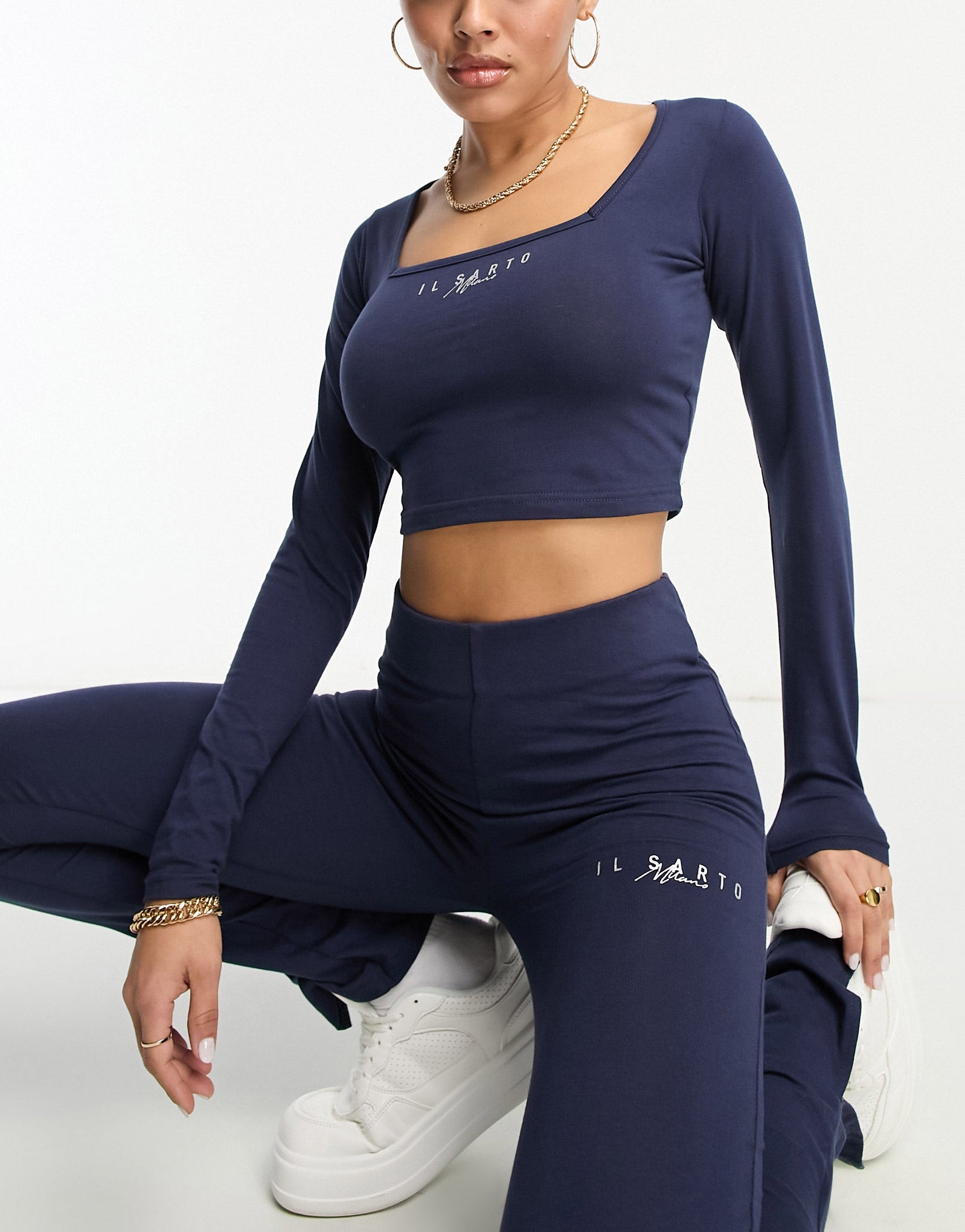Il Sarto square neck crop top co-ord in navy
