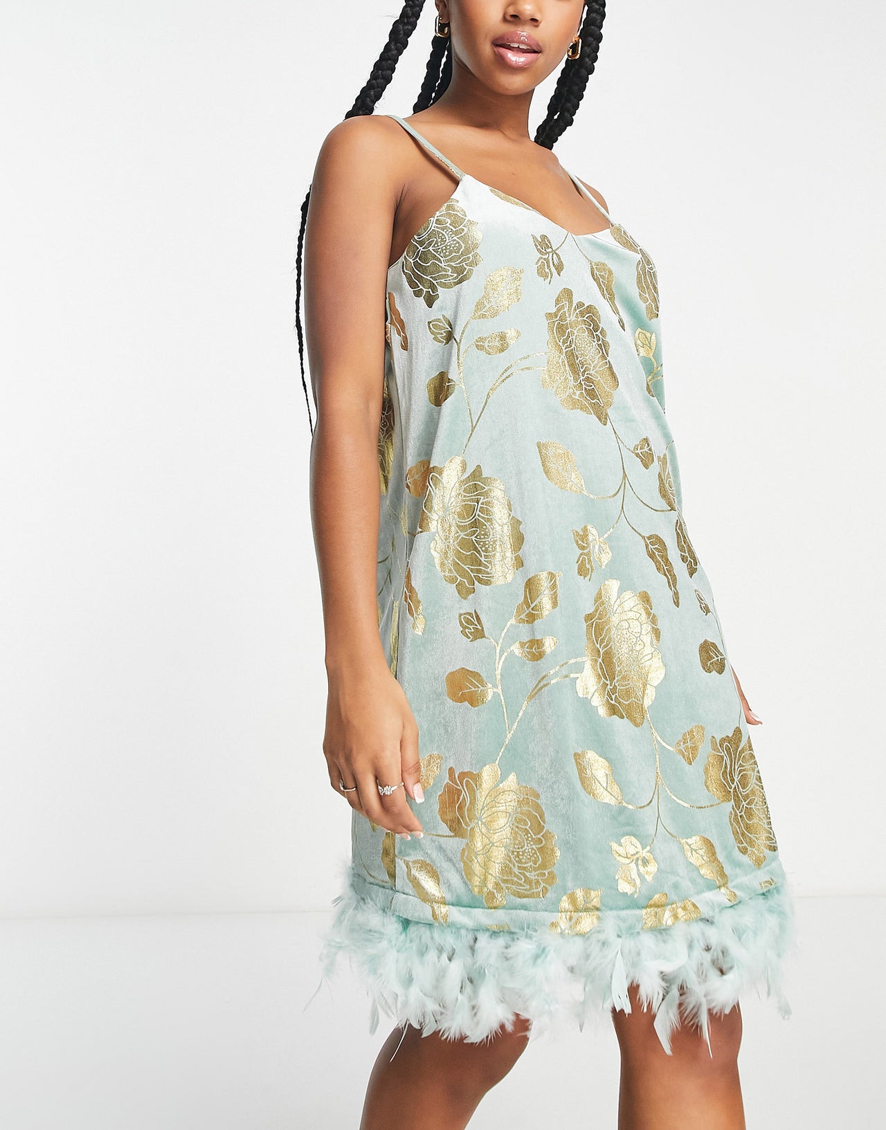 Night velvet faux feather trim slip dress in mint and gold floral