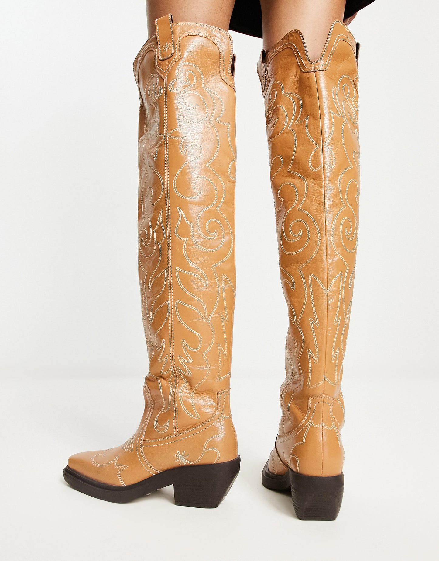 ASOS DESIGN Cuba premium leather swirl stitch western knee boot in cam